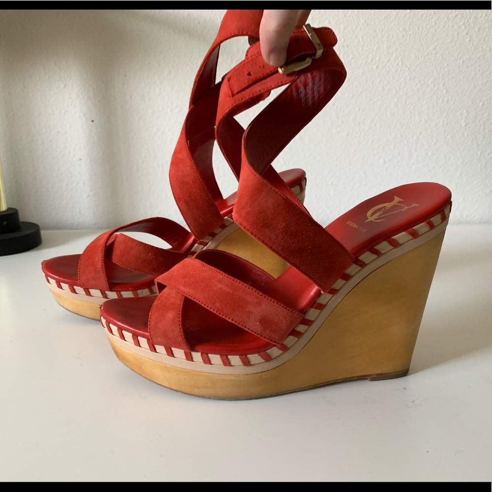 Red strappy wedges, VC signature